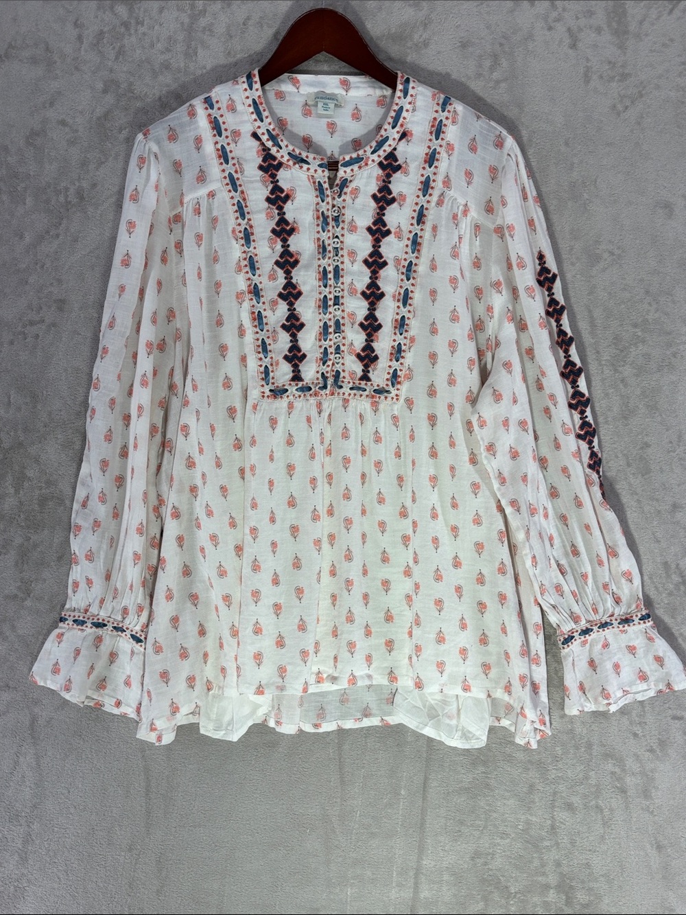 Sundance Embroidered Peasant Blouse White Pink Floral Print Long Sleeve Top XXL